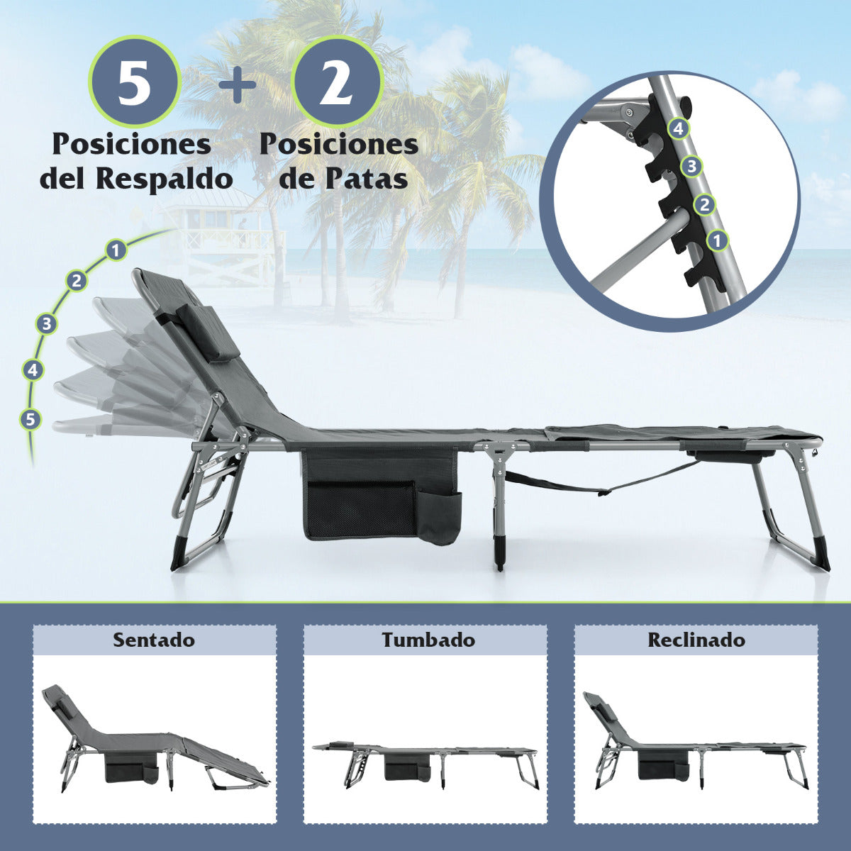 Tumbona Plegable de Jardín con 5 Posiciones de Respaldo Reposapiés Ajustable Orificio para Cara Almohada Extraíble para Playa Piscina Gris
