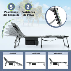 Tumbona Plegable de Jardín con 5 Posiciones de Respaldo Reposapiés Ajustable Orificio para Cara Almohada Extraíble para Playa Piscina Gris
