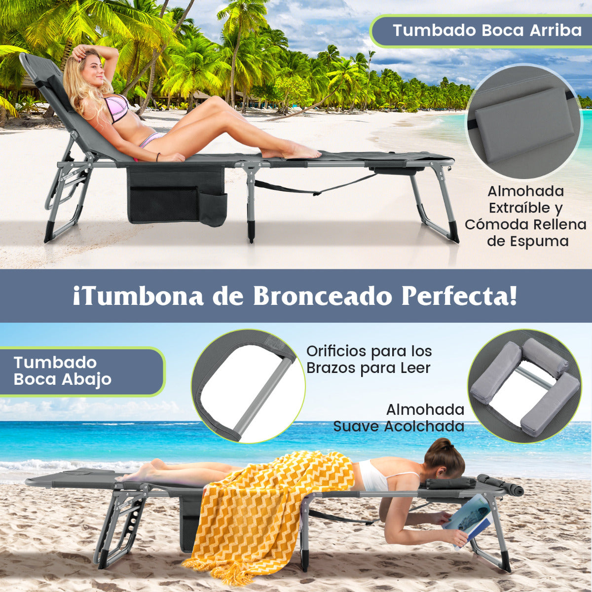 Tumbona Plegable de Jardín con 5 Posiciones de Respaldo Reposapiés Ajustable Orificio para Cara Almohada Extraíble para Playa Piscina Gris