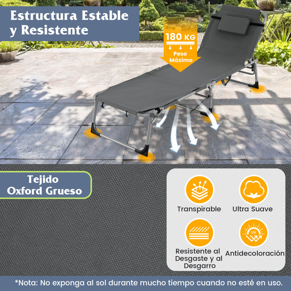 Tumbona Plegable de Jardín con 5 Posiciones de Respaldo Reposapiés Ajustable Orificio para Cara Almohada Extraíble para Playa Piscina Gris