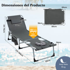 Tumbona Plegable de Jardín con 5 Posiciones de Respaldo Reposapiés Ajustable Orificio para Cara Almohada Extraíble para Playa Piscina Gris