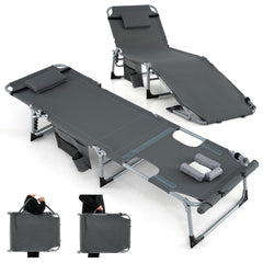Tumbona Plegable de Jardín con 5 Posiciones de Respaldo Reposapiés Ajustable Orificio para Cara Almohada Extraíble para Playa Piscina Gris