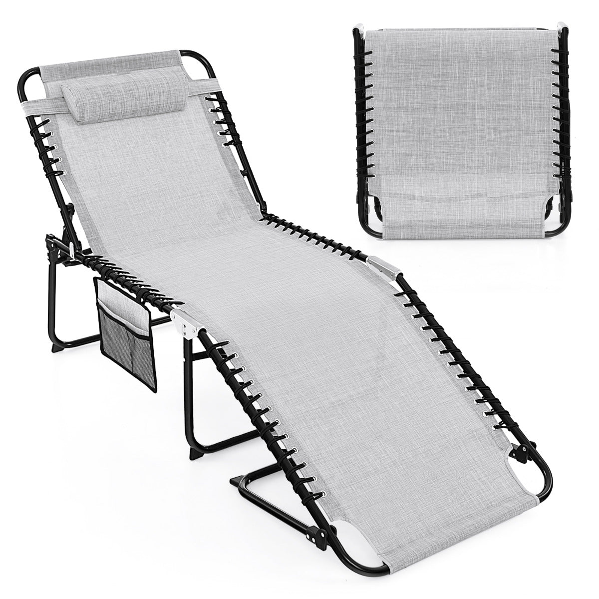 Tumbona Plegable de Gran Tamaño Sillón Reclinable Portátil para Patio con Respaldo Ajustable Almohada Desmontable para Tomar el Sol Gris