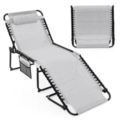 Tumbona Plegable de Gran Tamaño Sillón Reclinable Portátil para Patio con Respaldo Ajustable Almohada Desmontable para Tomar el Sol Gris