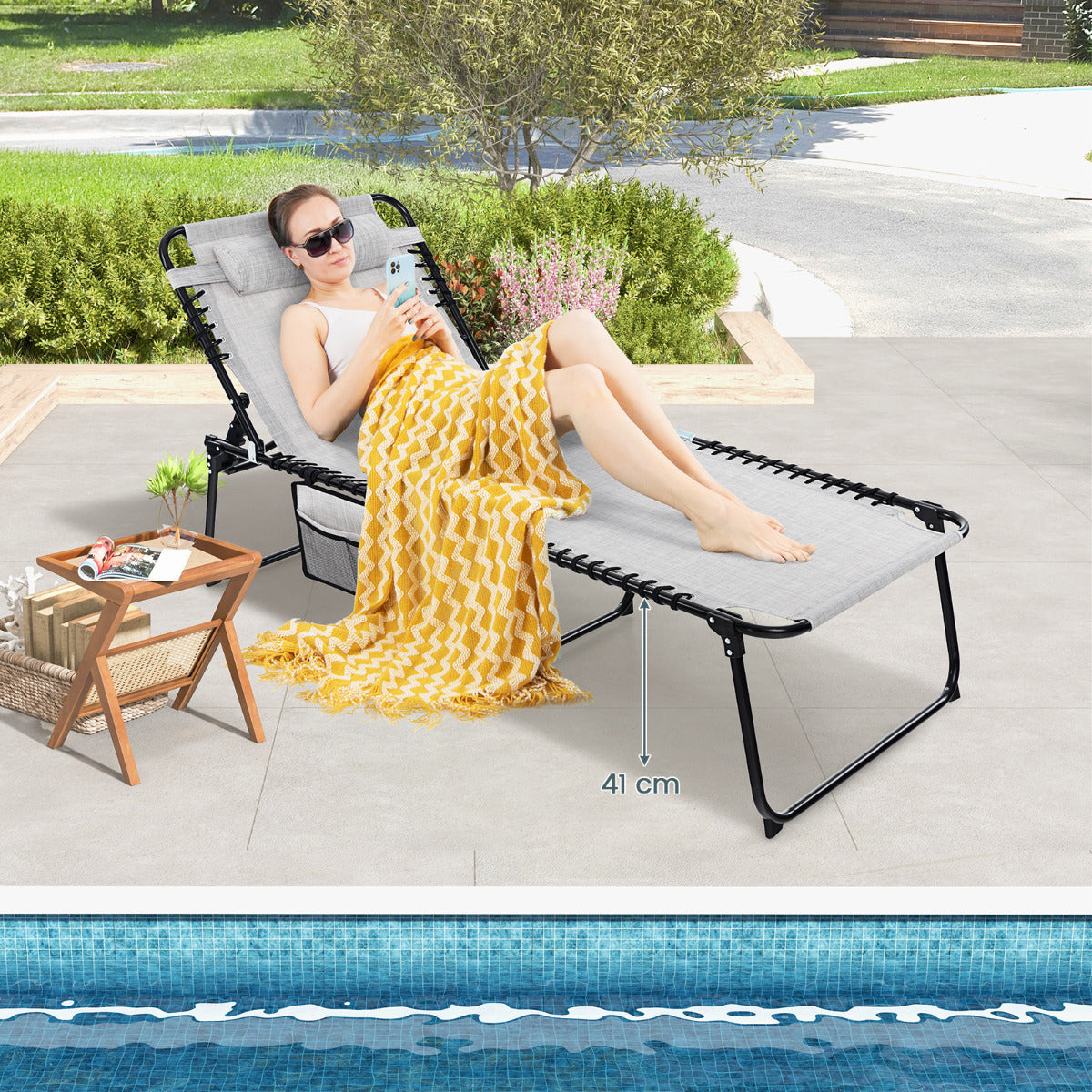 Tumbona Plegable de Gran Tamaño Sillón Reclinable Portátil para Patio con Respaldo Ajustable Almohada Desmontable para Tomar el Sol Gris