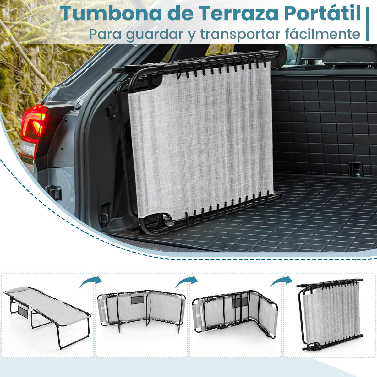 Tumbona Plegable de Gran Tamaño Sillón Reclinable Portátil para Patio con Respaldo Ajustable Almohada Desmontable para Tomar el Sol Gris