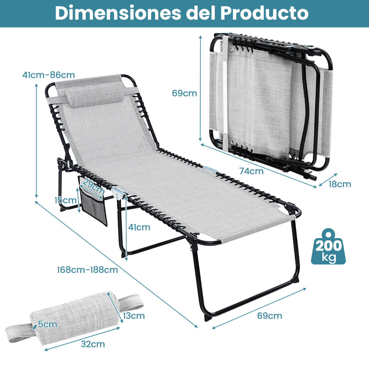 Tumbona Plegable de Gran Tamaño Sillón Reclinable Portátil para Patio con Respaldo Ajustable Almohada Desmontable para Tomar el Sol Gris