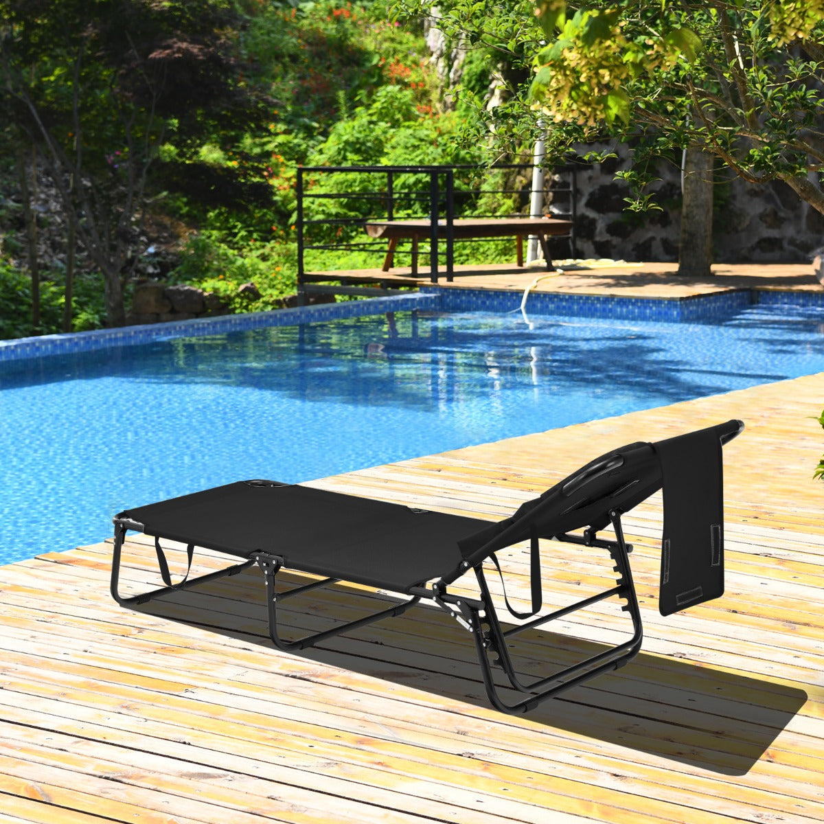 Tumbona Plegable con 3 Cojines Extraíbles y Respaldo Ajustable en 5 Posiciones Tumbonas de Jardín Exterior para Terraza Piscina Negro