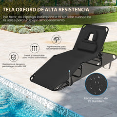 Tumbona Plegable con 3 Cojines Extraíbles y Respaldo Ajustable en 5 Posiciones Tumbonas de Jardín Exterior para Terraza Piscina Negro