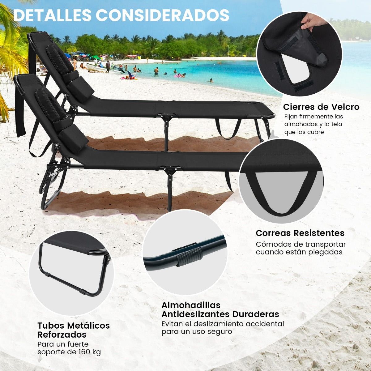 Tumbona Plegable con 3 Cojines Extraíbles y Respaldo Ajustable en 5 Posiciones Tumbonas de Jardín Exterior para Terraza Piscina Negro