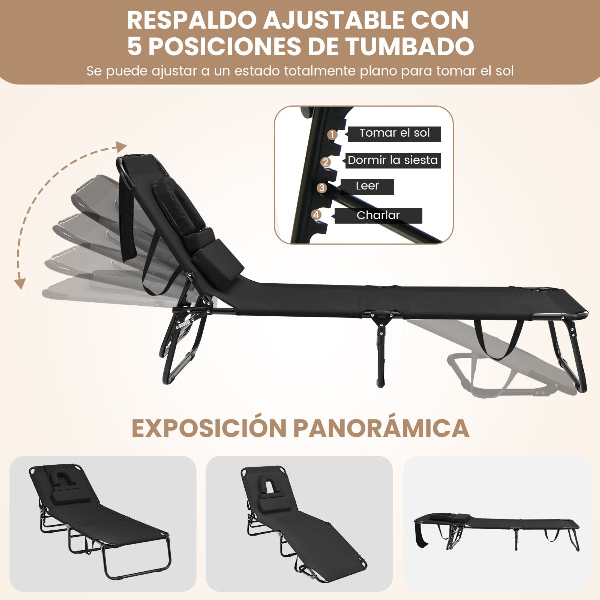 Tumbona Plegable con 3 Cojines Extraíbles y Respaldo Ajustable en 5 Posiciones Tumbonas de Jardín Exterior para Terraza Piscina Negro