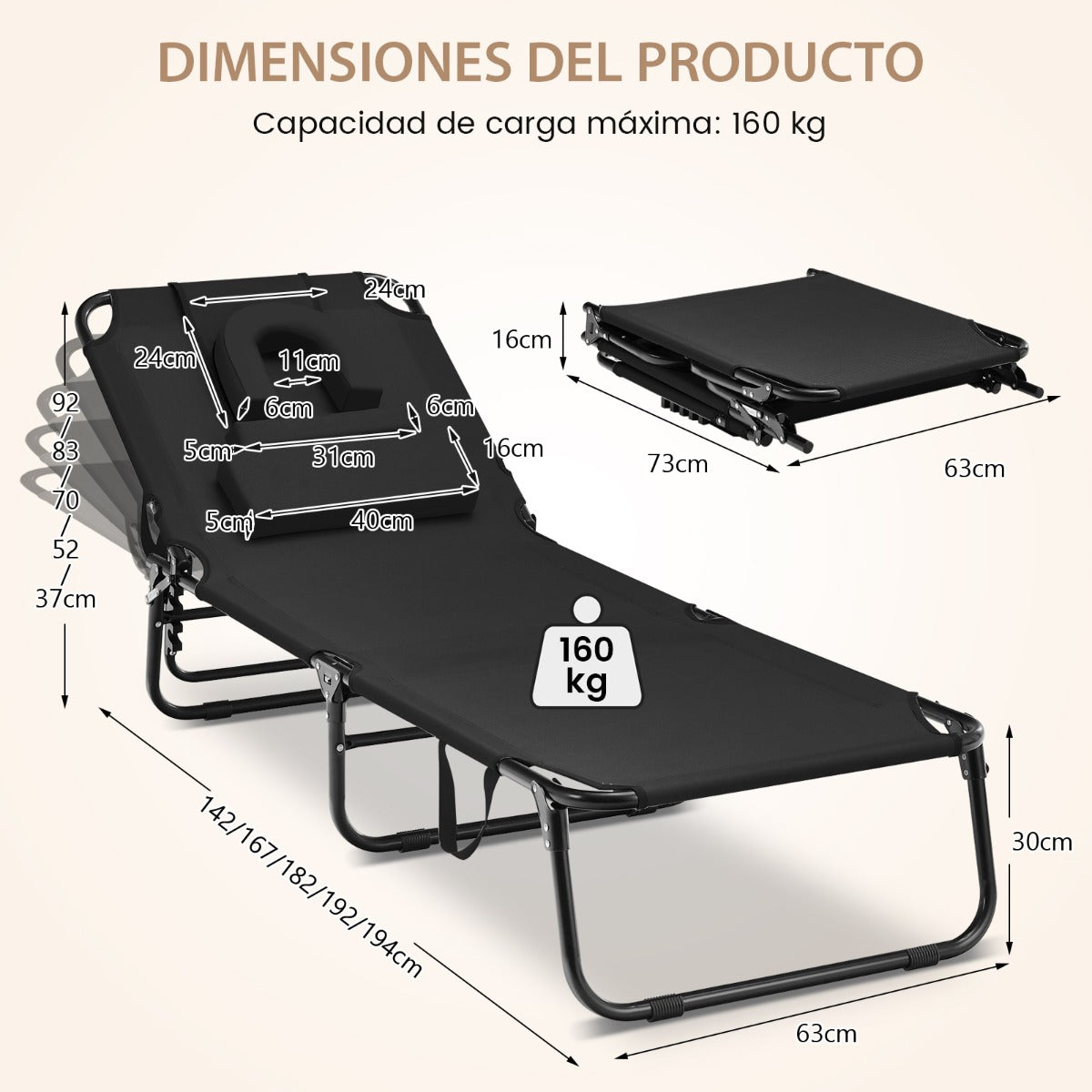 Tumbona Plegable con 3 Cojines Extraíbles y Respaldo Ajustable en 5 Posiciones Tumbonas de Jardín Exterior para Terraza Piscina Negro