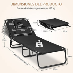 Tumbona Plegable con 3 Cojines Extraíbles y Respaldo Ajustable en 5 Posiciones Tumbonas de Jardín Exterior para Terraza Piscina Negro