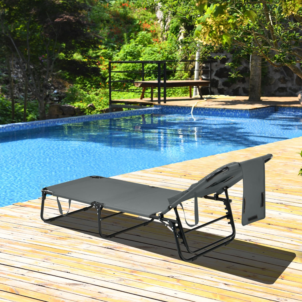 Tumbona Plegable con 3 Cojines Extraíbles y Respaldo Ajustable en 5 Posiciones Tumbonas de Jardín Exterior para Terraza Piscina Gris