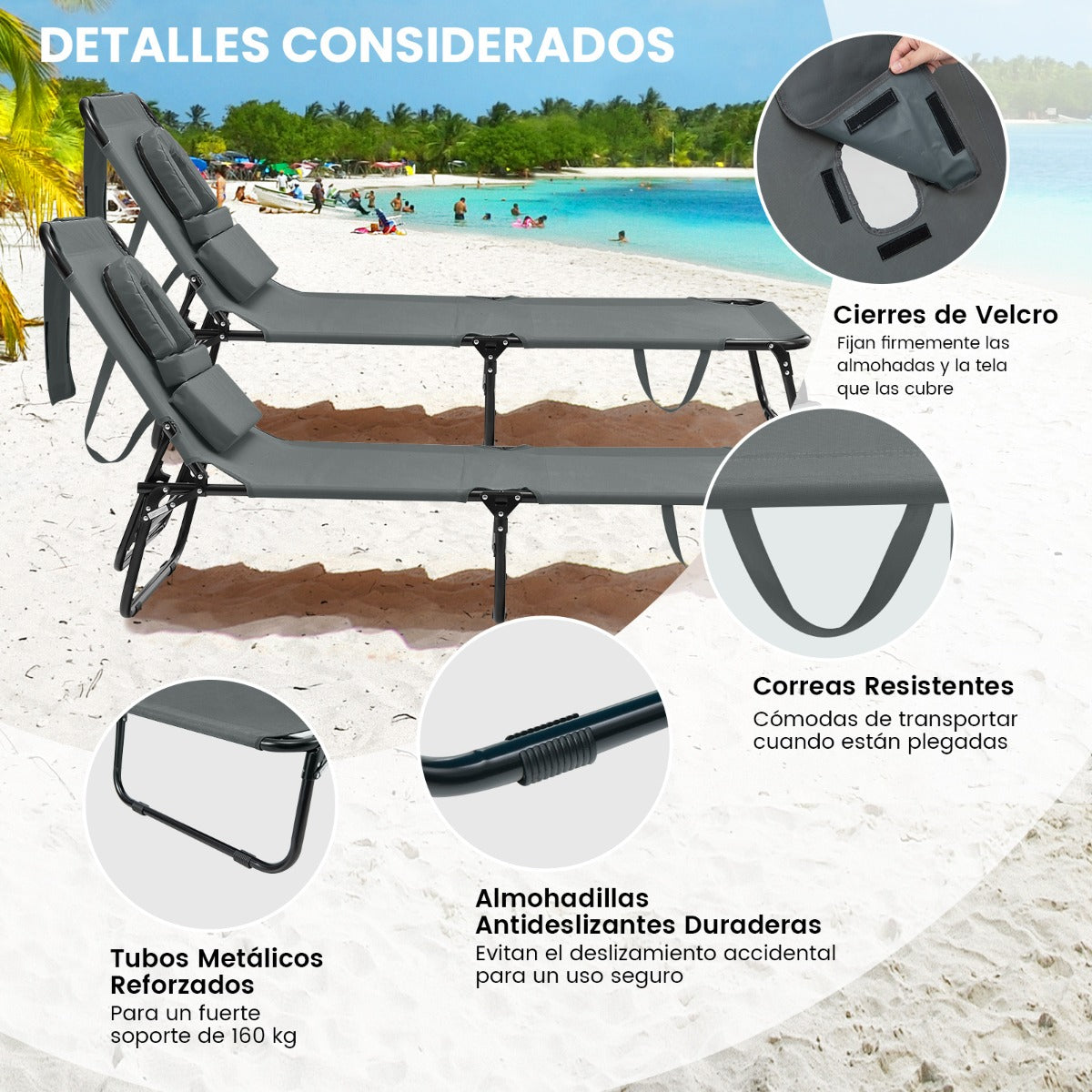 Tumbona Plegable con 3 Cojines Extraíbles y Respaldo Ajustable en 5 Posiciones Tumbonas de Jardín Exterior para Terraza Piscina Gris
