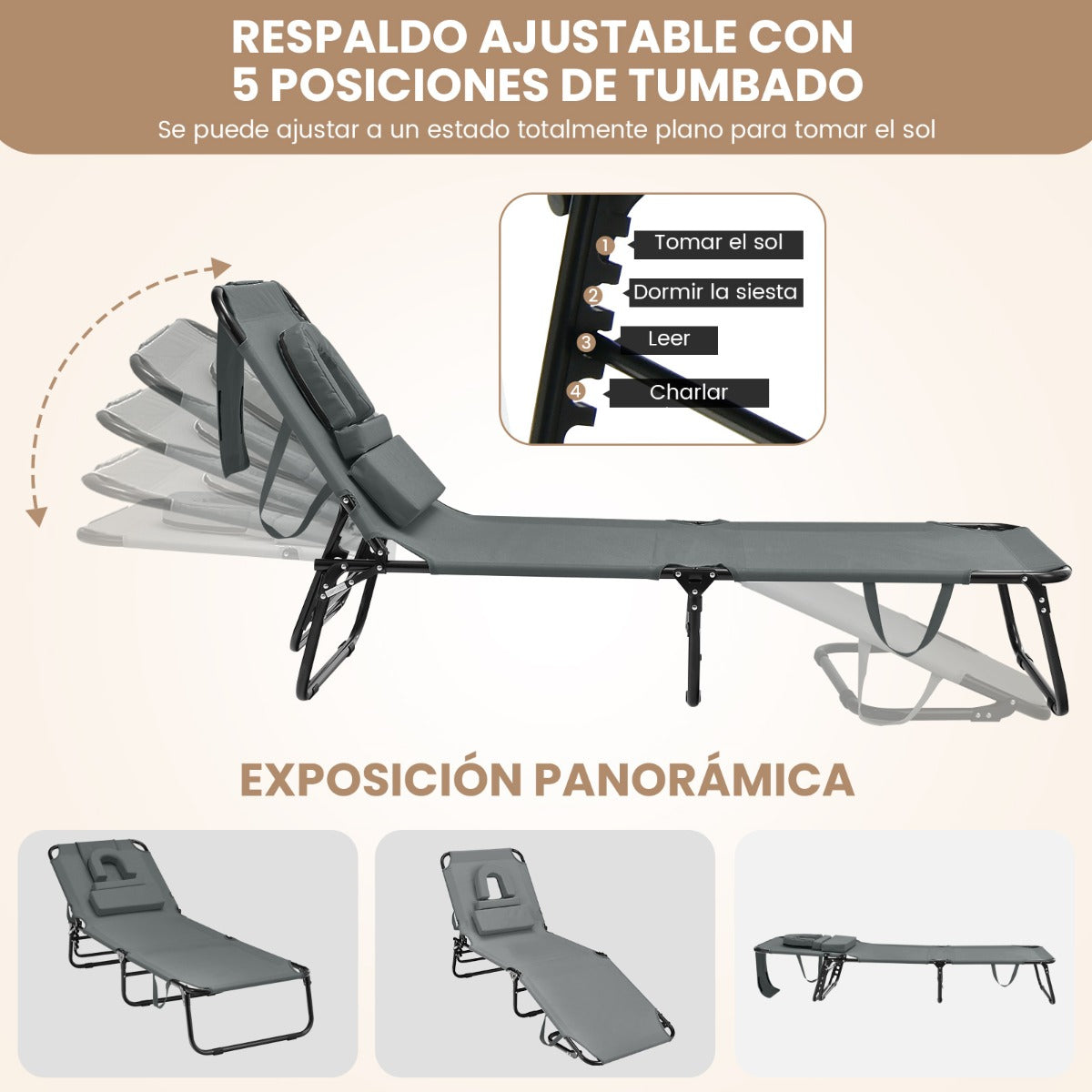 Tumbona Plegable con 3 Cojines Extraíbles y Respaldo Ajustable en 5 Posiciones Tumbonas de Jardín Exterior para Terraza Piscina Gris