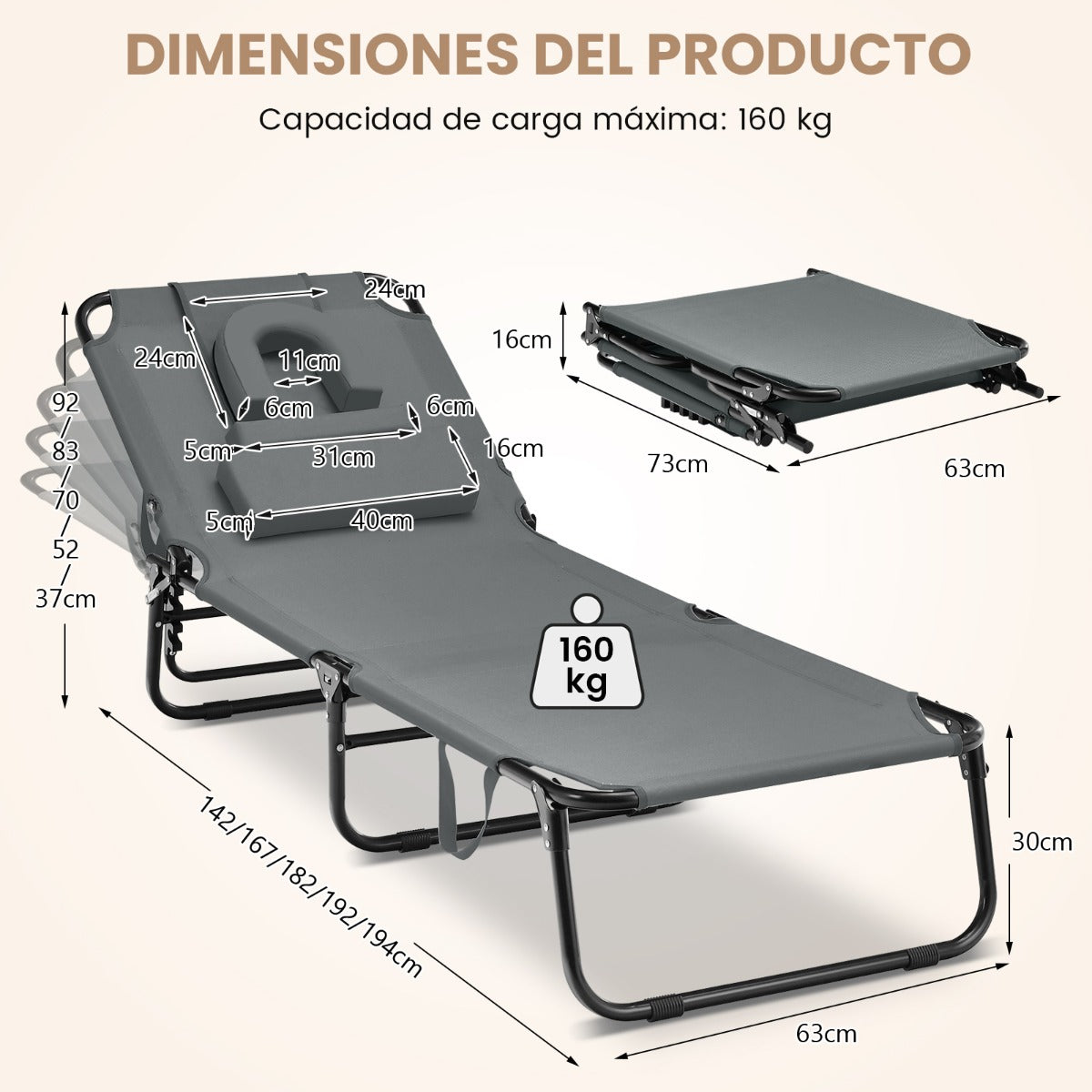 Tumbona Plegable con 3 Cojines Extraíbles y Respaldo Ajustable en 5 Posiciones Tumbonas de Jardín Exterior para Terraza Piscina Gris