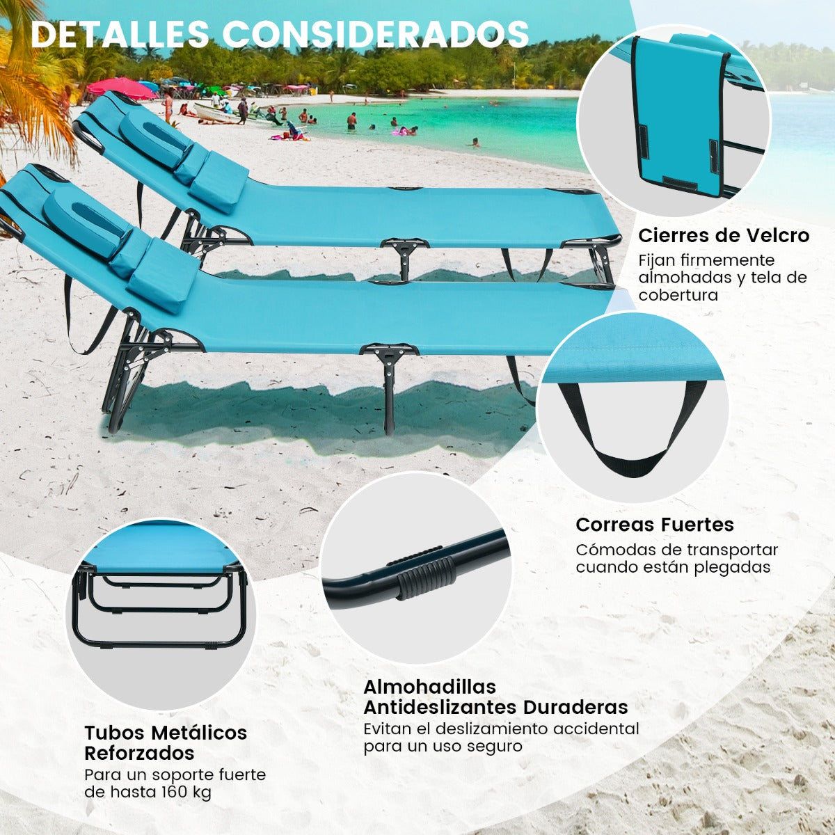 Tumbona Plegable con 3 Cojines Extraíbles y Respaldo Ajustable en 5 Posiciones Tumbonas de Jardín Exterior para Terraza Piscina Turquesa