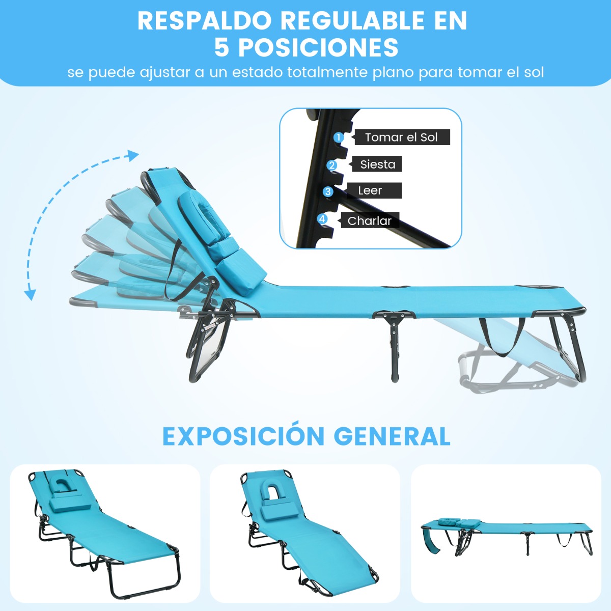 Tumbona Plegable con 3 Cojines Extraíbles y Respaldo Ajustable en 5 Posiciones Tumbonas de Jardín Exterior para Terraza Piscina Turquesa