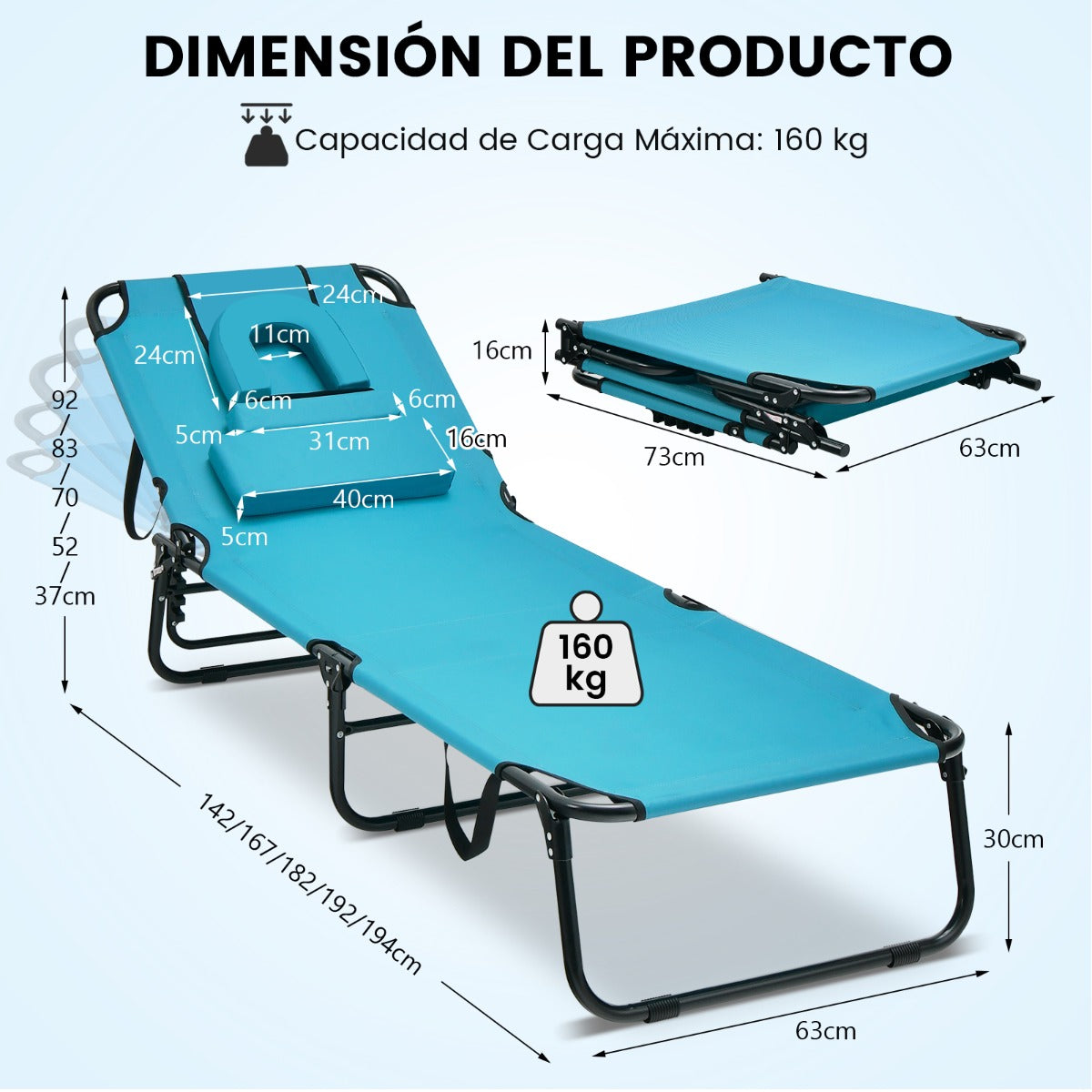 Tumbona Plegable con 3 Cojines Extraíbles y Respaldo Ajustable en 5 Posiciones Tumbonas de Jardín Exterior para Terraza Piscina Turquesa