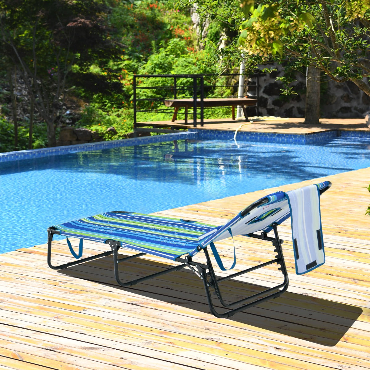Tumbona Plegable con 3 Cojines Extraíbles y Respaldo Ajustable en 5 Posiciones Tumbonas de Jardín Exterior para Terraza Piscina Verde+Azul