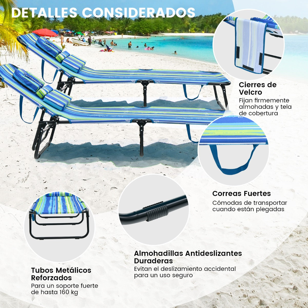 Tumbona Plegable con 3 Cojines Extraíbles y Respaldo Ajustable en 5 Posiciones Tumbonas de Jardín Exterior para Terraza Piscina Verde+Azul