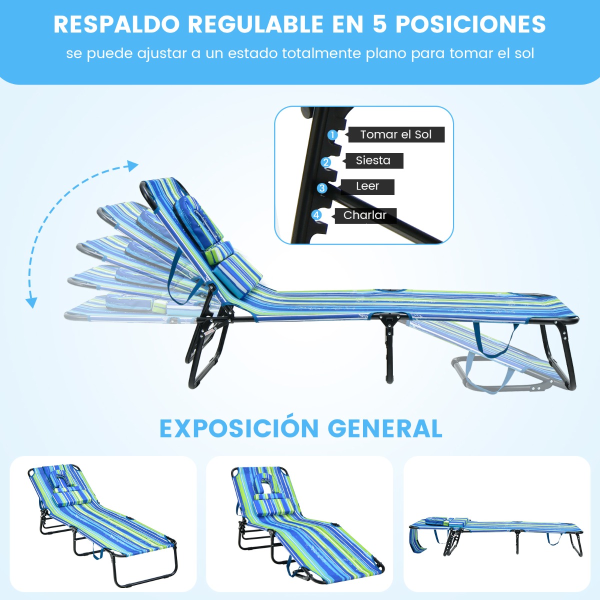 Tumbona Plegable con 3 Cojines Extraíbles y Respaldo Ajustable en 5 Posiciones Tumbonas de Jardín Exterior para Terraza Piscina Verde+Azul