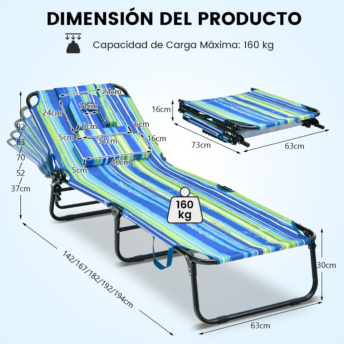Tumbona Plegable con 3 Cojines Extraíbles y Respaldo Ajustable en 5 Posiciones Tumbonas de Jardín Exterior para Terraza Piscina Verde+Azul
