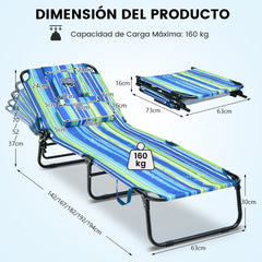 Tumbona Plegable con 3 Cojines Extraíbles y Respaldo Ajustable en 5 Posiciones Tumbonas de Jardín Exterior para Terraza Piscina Verde+Azul
