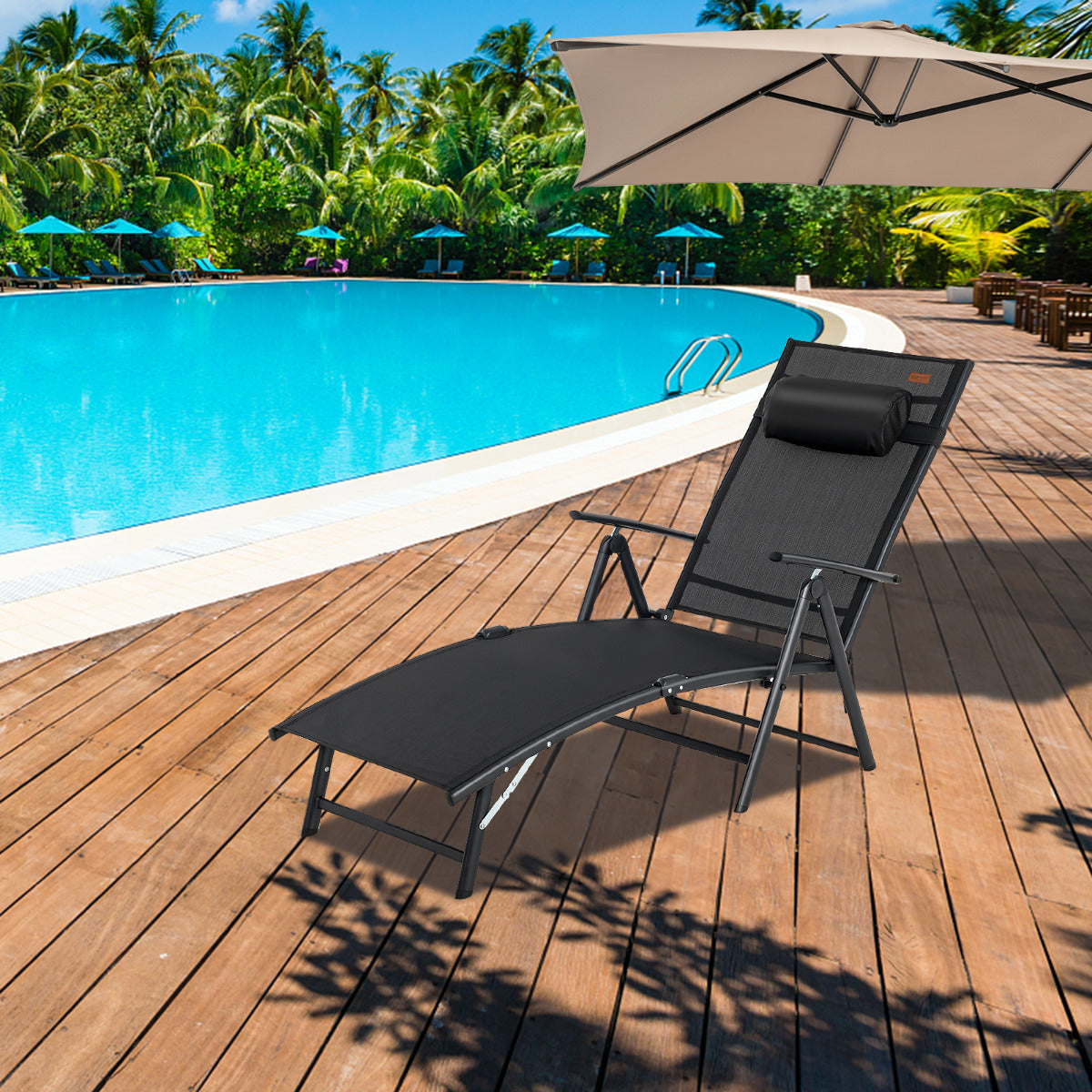 Tumbona Plegable Silla Reclinable de Patio Portátil Respaldo Ajustable en 7 Posiciones Carga 150 kg para Piscina Playa Balcón Negro