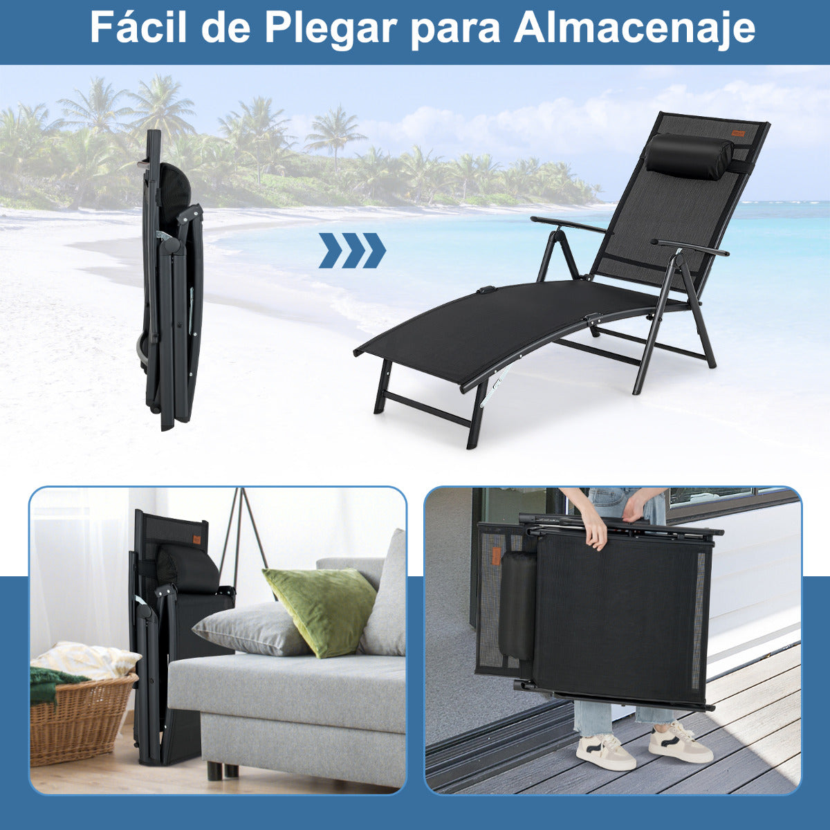 Tumbona Plegable Silla Reclinable de Patio Portátil Respaldo Ajustable en 7 Posiciones Carga 150 kg para Piscina Playa Balcón Negro