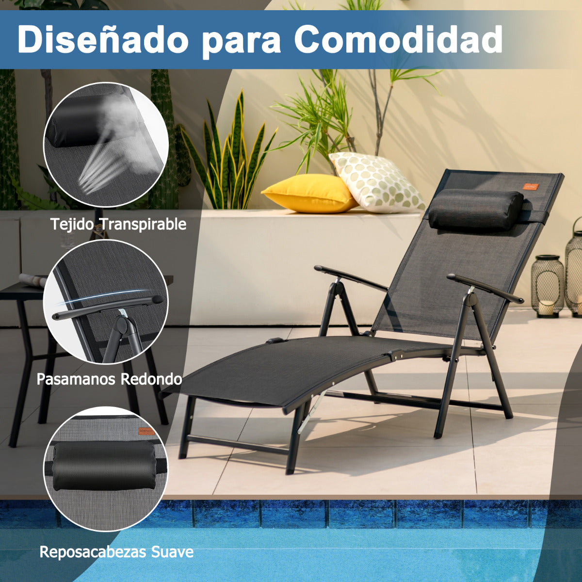 Tumbona Plegable Silla Reclinable de Patio Portátil Respaldo Ajustable en 7 Posiciones Carga 150 kg para Piscina Playa Balcón Negro