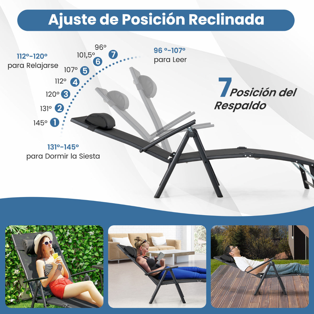 Tumbona Plegable Silla Reclinable de Patio Portátil Respaldo Ajustable en 7 Posiciones Carga 150 kg para Piscina Playa Balcón Negro