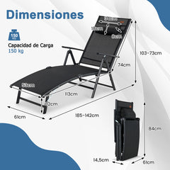 Tumbona Plegable Silla Reclinable de Patio Portátil Respaldo Ajustable en 7 Posiciones Carga 150 kg para Piscina Playa Balcón Negro