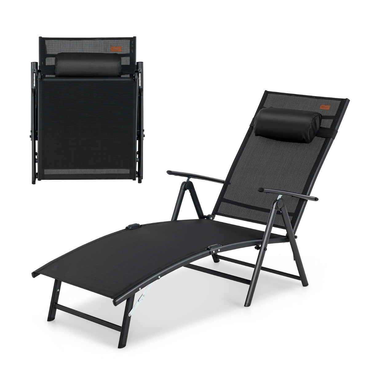 Tumbona Plegable Silla Reclinable de Patio Portátil Respaldo Ajustable en 7 Posiciones Carga 150 kg para Piscina Playa Balcón Negro
