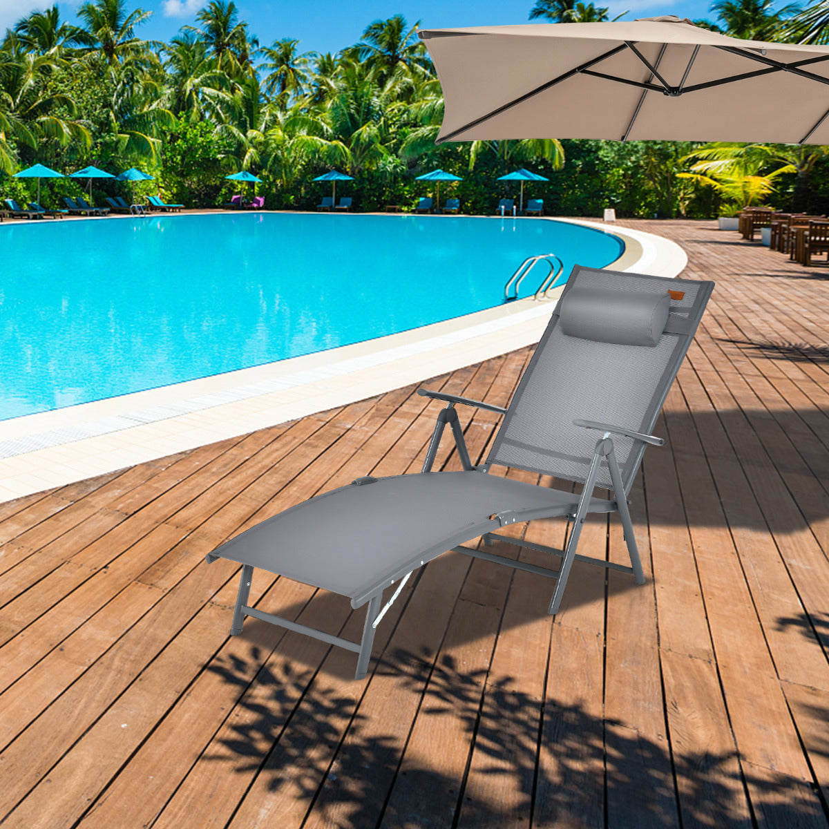 Tumbona Plegable Silla Reclinable de Patio Portátil Respaldo Ajustable en 7 Posiciones Carga 150 kg para Piscina Playa Balcón Gris