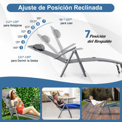 Tumbona Plegable Silla Reclinable de Patio Portátil Respaldo Ajustable en 7 Posiciones Carga 150 kg para Piscina Playa Balcón Gris