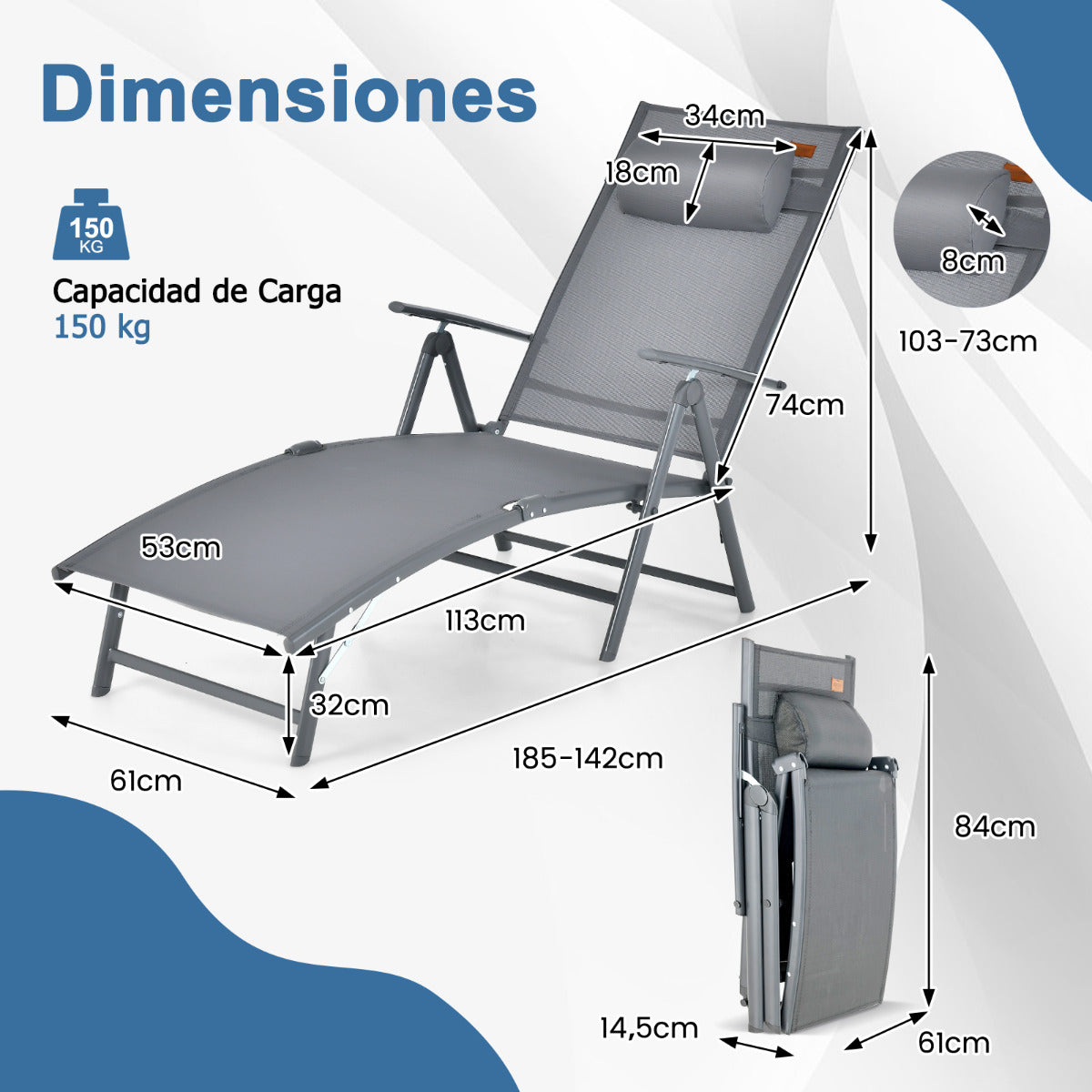 Tumbona Plegable Silla Reclinable de Patio Portátil Respaldo Ajustable en 7 Posiciones Carga 150 kg para Piscina Playa Balcón Gris