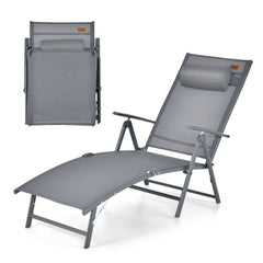 Tumbona Plegable Silla Reclinable de Patio Portátil Respaldo Ajustable en 7 Posiciones Carga 150 kg para Piscina Playa Balcón Gris