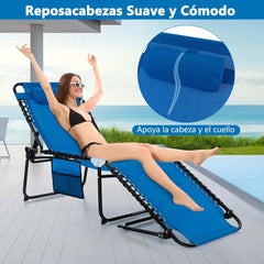 Tumbona Plegable Silla Reclinable con Reposacabezas Removible Respaldo Regulable en 4 Posiciones para Camping 189 x 59 x 40 cm Azul
