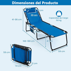 Tumbona Plegable Silla Reclinable con Reposacabezas Removible Respaldo Regulable en 4 Posiciones para Camping 189 x 59 x 40 cm Azul