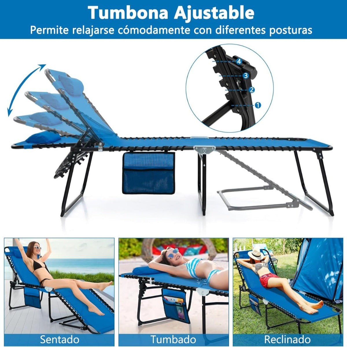 Tumbona Plegable Silla Reclinable con Reposacabezas Removible Respaldo Regulable en 4 Posiciones para Camping 189 x 59 x 40 cm Azul