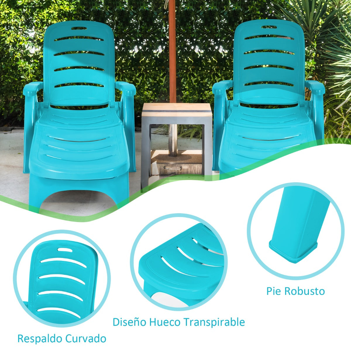 Tumbona Plegable Jardín Silla Reclinable Ajustable para Exterior con 5 Posiciones Ruedas Resistente Patio Piscina Playa Verde