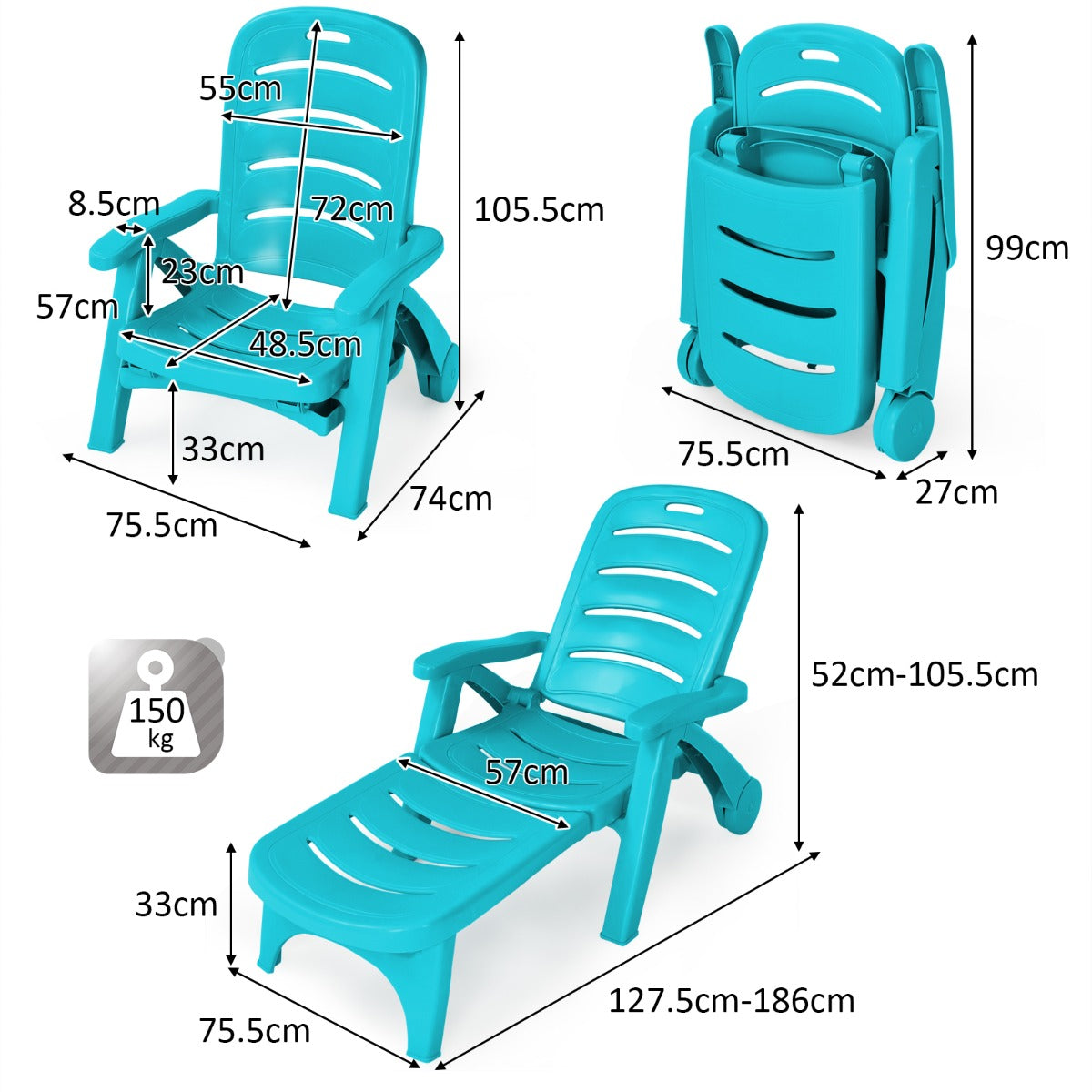 Tumbona Plegable Jardín Silla Reclinable Ajustable para Exterior con 5 Posiciones Ruedas Resistente Patio Piscina Playa Verde