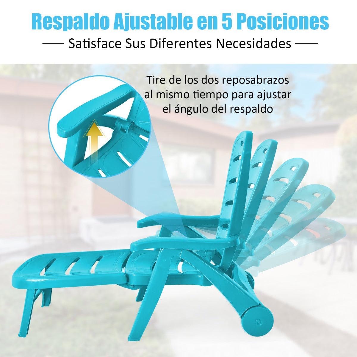 Tumbona Plegable Jardín Silla Reclinable Ajustable para Exterior con 5 Posiciones Ruedas Resistente Patio Piscina Playa Verde