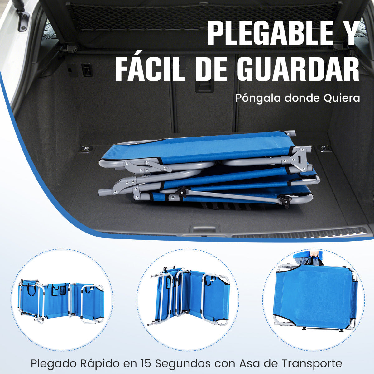 Tumbona Plegable para Exterior Silla Reclinable Portátil 5 Posiciones de Respaldo Ajustable Toldo de Sombra para Camping Playa Azul