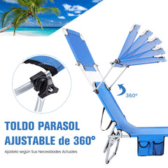 Tumbona Plegable para Exterior Silla Reclinable Portátil 5 Posiciones de Respaldo Ajustable Toldo de Sombra para Camping Playa Azul