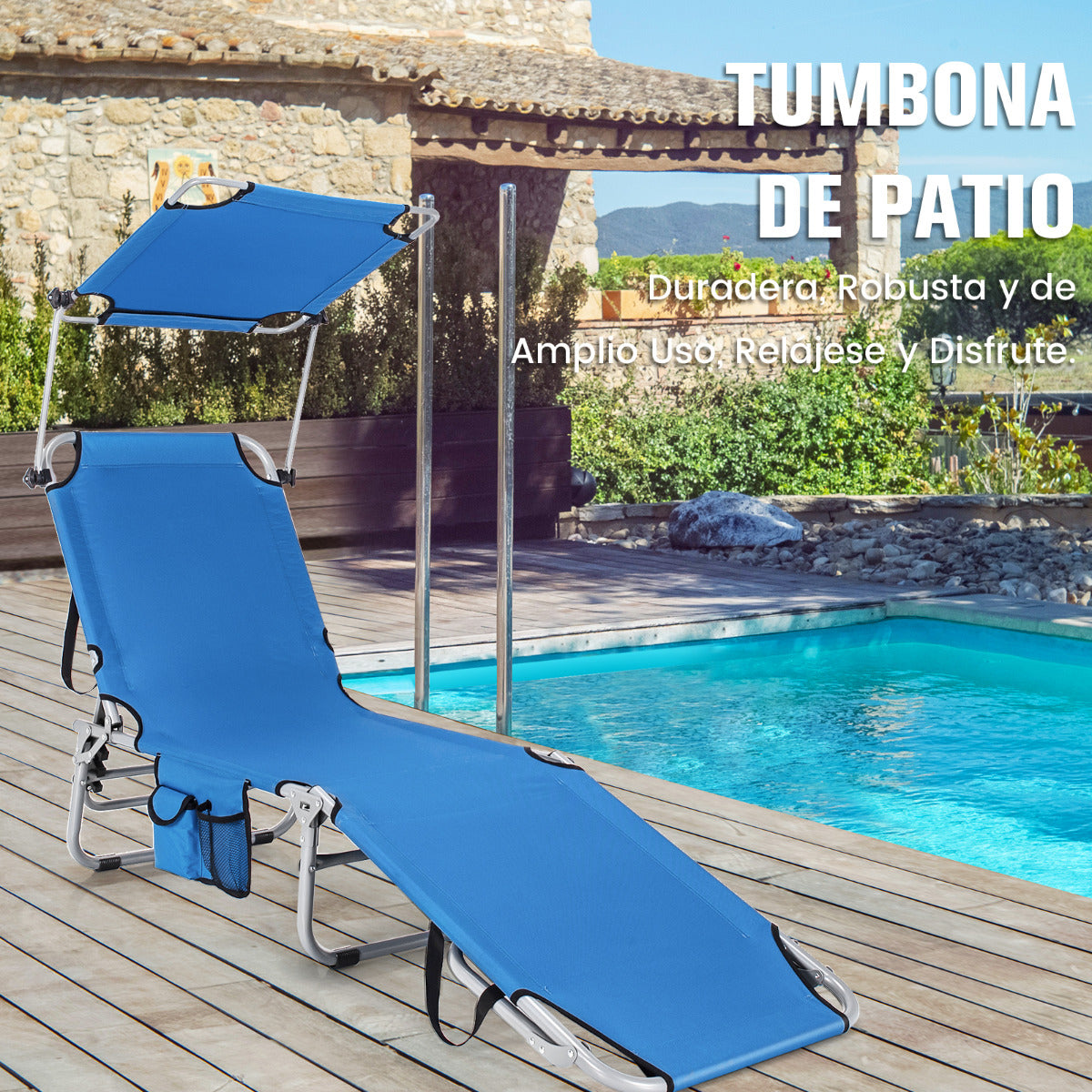 Tumbona Plegable para Exterior Silla Reclinable Portátil 5 Posiciones de Respaldo Ajustable Toldo de Sombra para Camping Playa Azul