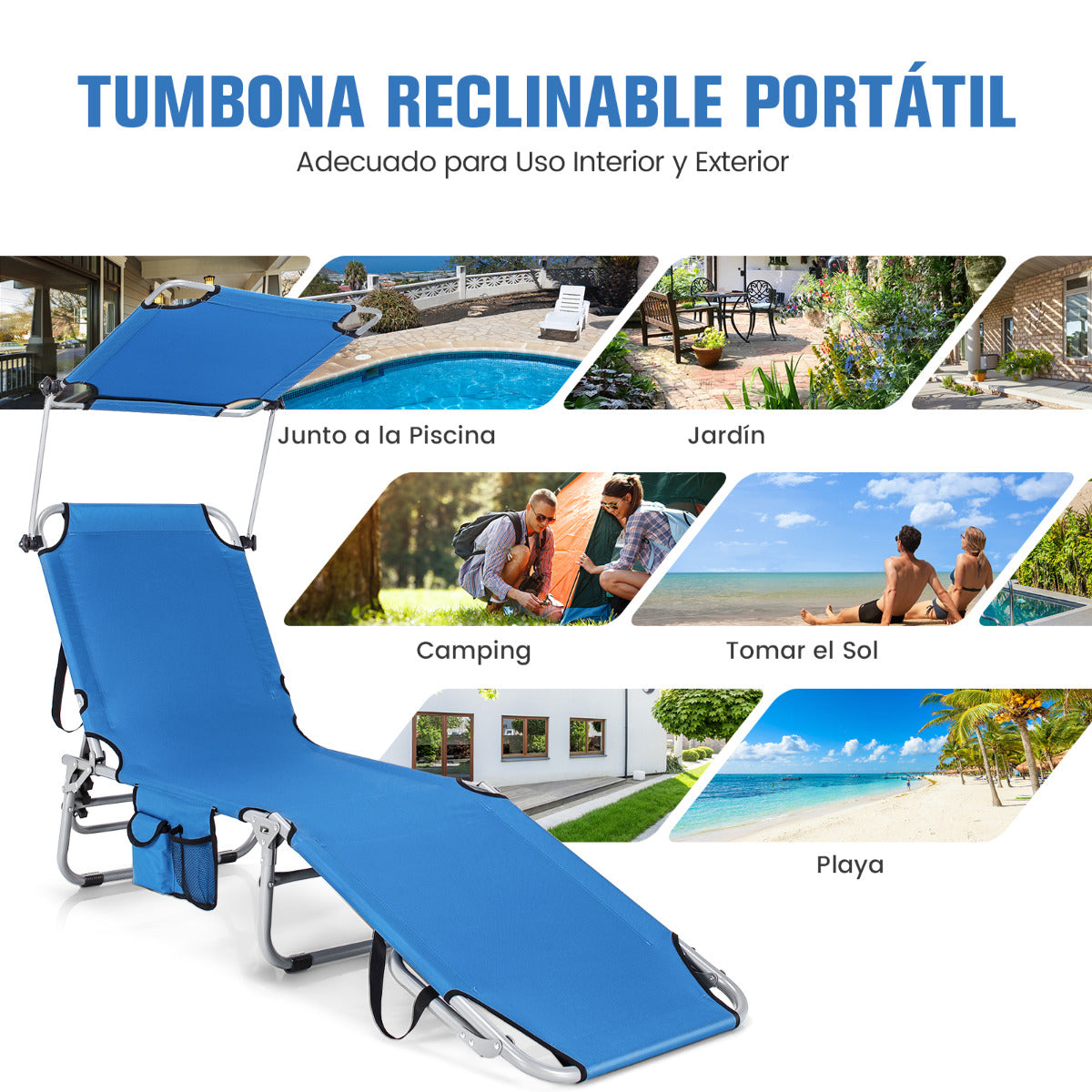 Tumbona Plegable para Exterior Silla Reclinable Portátil 5 Posiciones de Respaldo Ajustable Toldo de Sombra para Camping Playa Azul