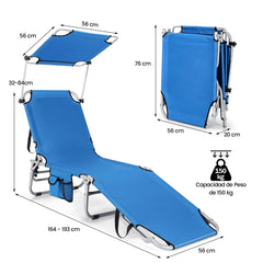 Tumbona Plegable para Exterior Silla Reclinable Portátil 5 Posiciones de Respaldo Ajustable Toldo de Sombra para Camping Playa Azul